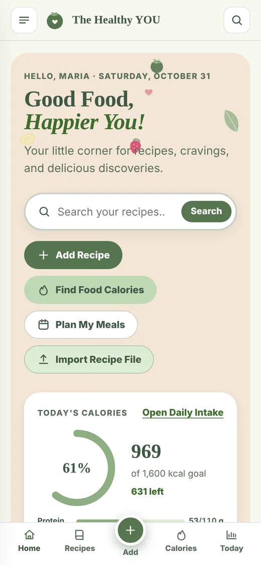Home screen showing today's calories and quick actions