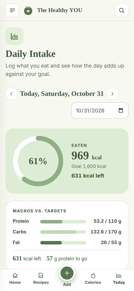 Daily intake ring: 969 of 1,600 kcal eaten, 631 kcal left