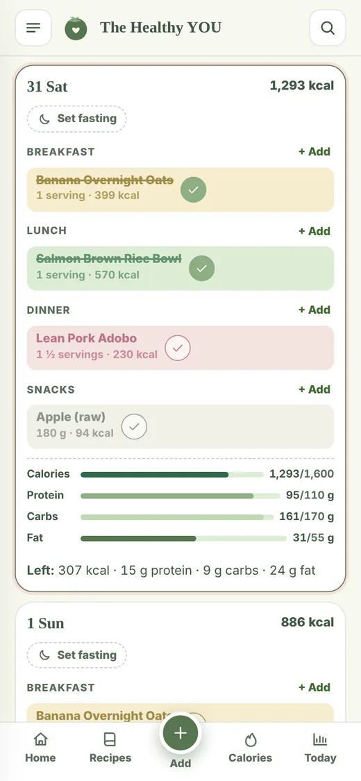 Weekly meal planner with each day's macros and what's left